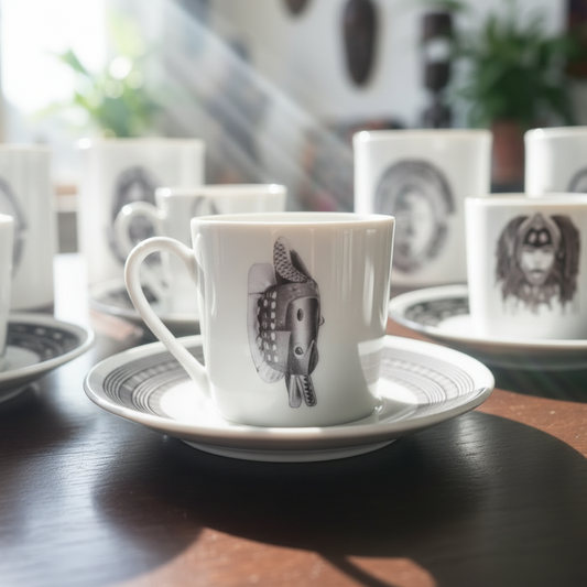 Tasse à café en porcelaine fine Française fabriquée à la demande, motif d'Afrique, Côté d'Ivoire extérieur masques zoomorphe "Senoufo" 1