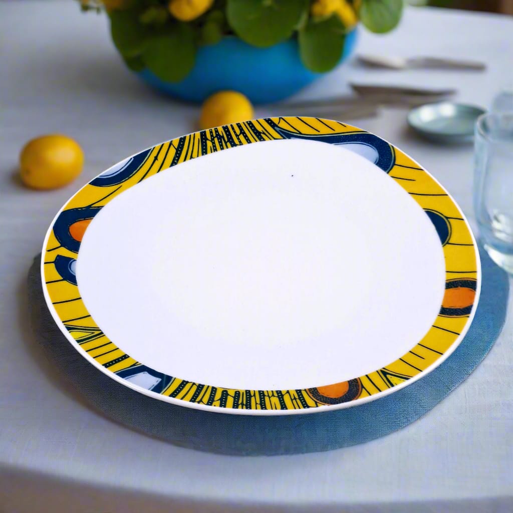 Coffret de 6 Assiettes Ovales en Porcelaine Fine – Motif Wax Africain “Electric Bulb” – Fabrication française personnalisable
