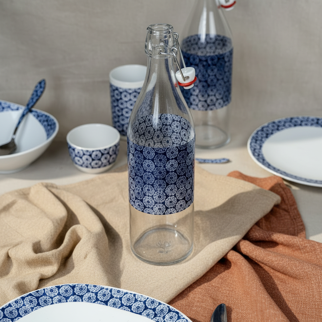 Bouteille en verre motif wax d'Afrique "indigo"