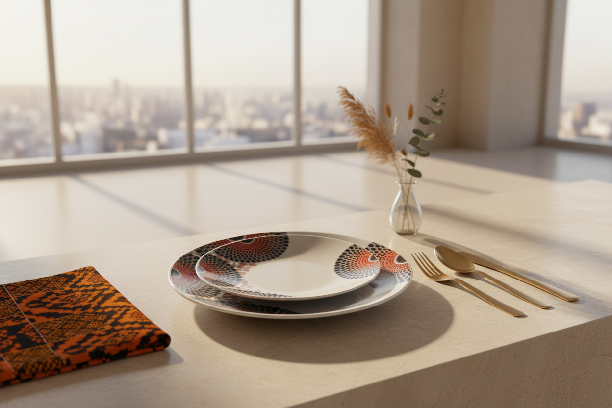 Coffret d'assiettes rondes en porcelaine Française fabriquées à la demande avec motif wax d'Afrique asymetrique Gammaphone multicolores