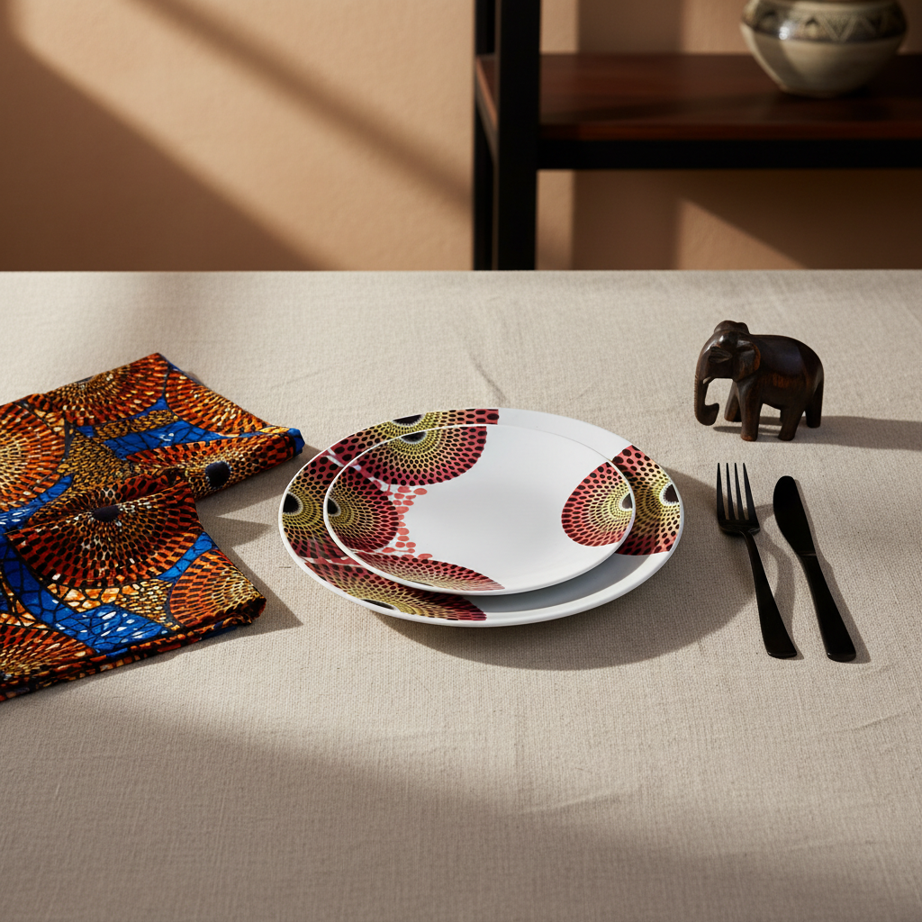 Coffret d'assiettes rondes en porcelaine Française fabriquées à la demande avec motif wax d'Afrique asymetrique Gammaphone multicolores