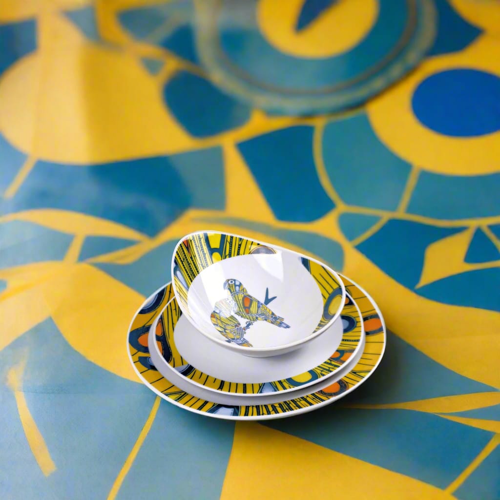 Coffret de 6 Assiettes Ovales en Porcelaine Fine – Motif Wax Africain “Electric Bulb” – Fabrication française personnalisable