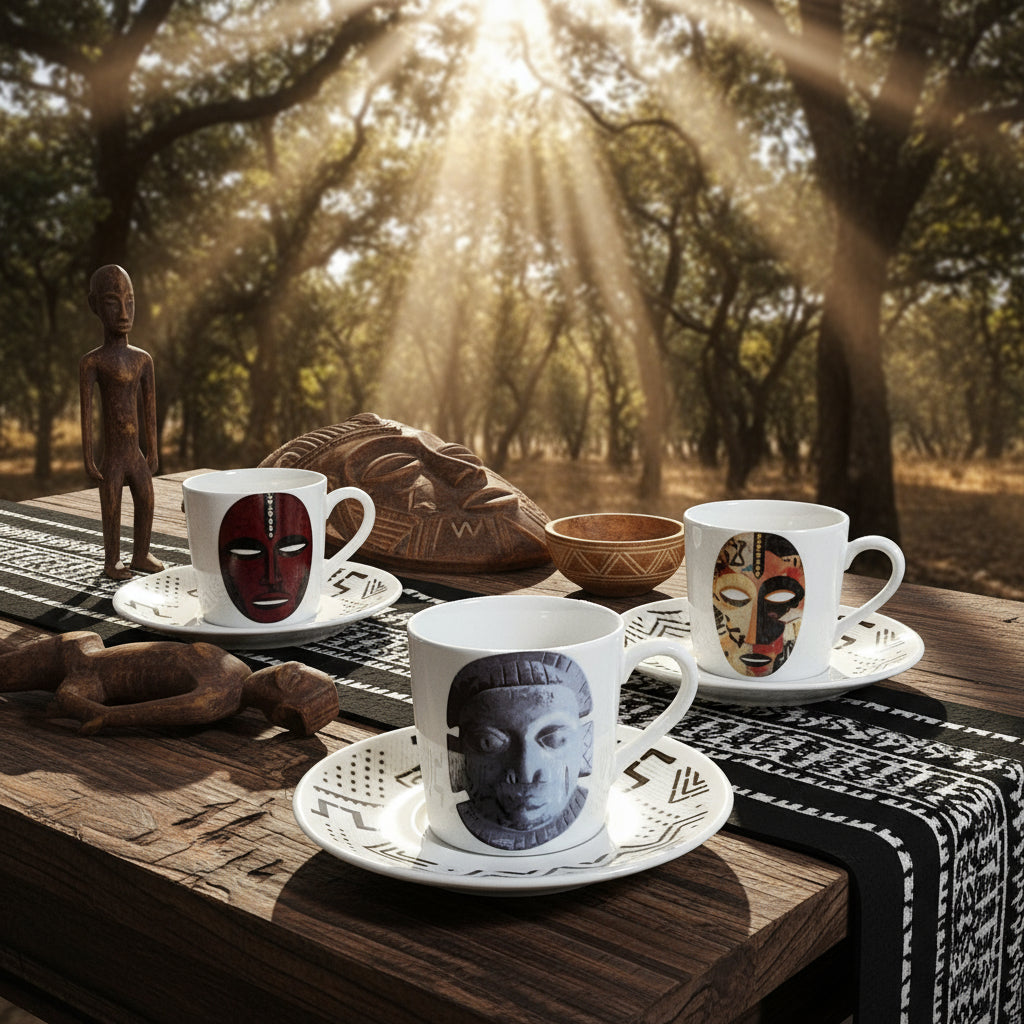 Coffret prestige spécial Bénin – 6 tasses en porcelaine fine française, ornées de motifs inspirés de l’histoire du Bénin