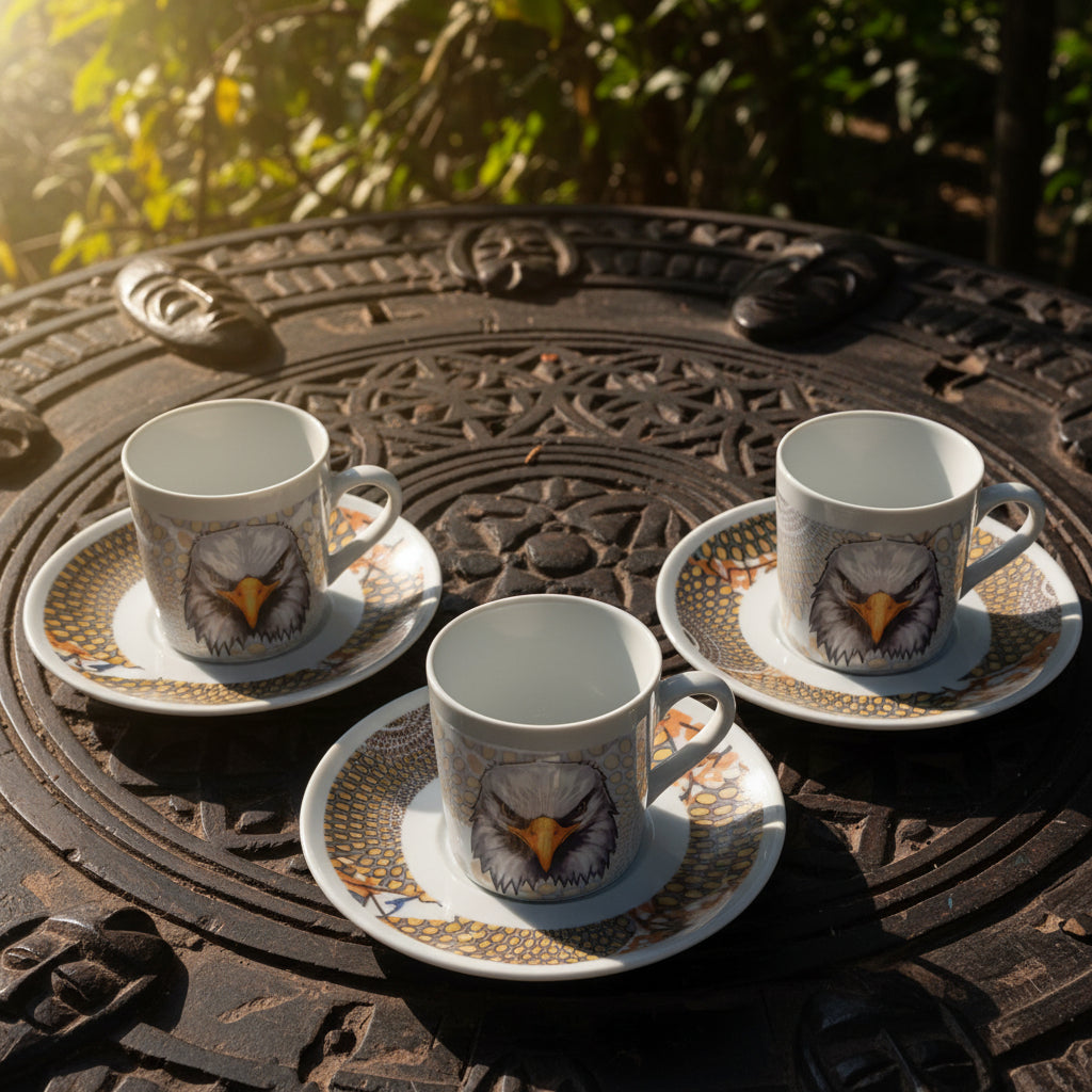 Tasse à Café en porcelaine Française avec soucoupe motif plein wax d'Afrique Gammaphone avec aigle