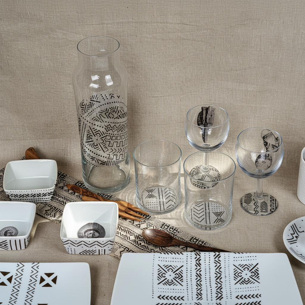 Pichet / bouteille large en verre motif d'Afrique ethnique "Bogolan"