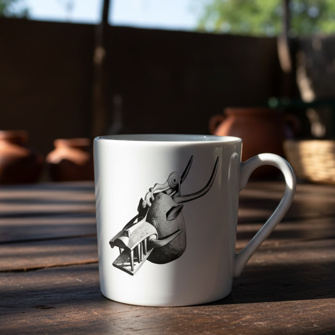 Mug ou Tasse à café en porcelaine fine Française fabriqué à la demande, motif d'Afrique, Côté d'Ivoire MASQUE HEAUME SENOUFO, A tête d'animal à la gueule béante armé de crocs 2