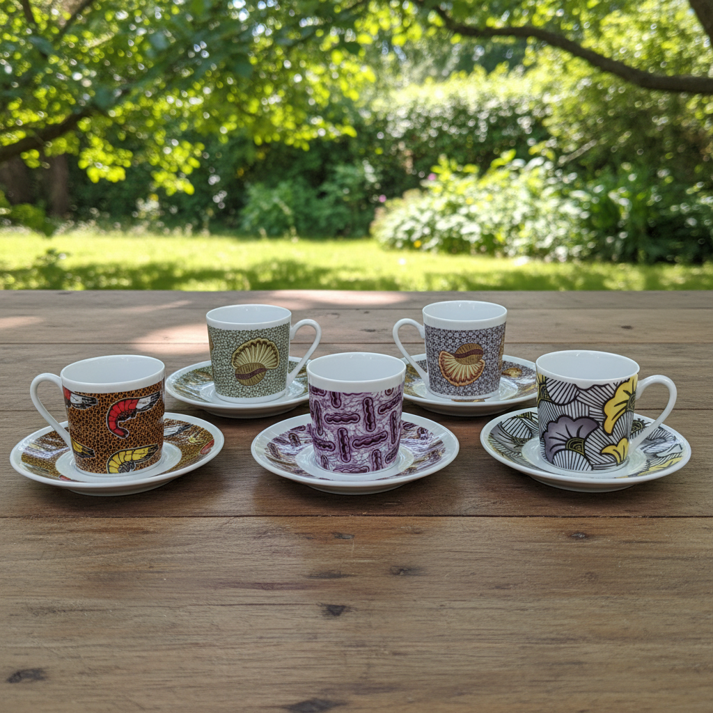 Tasse à Café en porcelaine Française avec soucoupe motif plein wax d'Afrique motif "escargot"