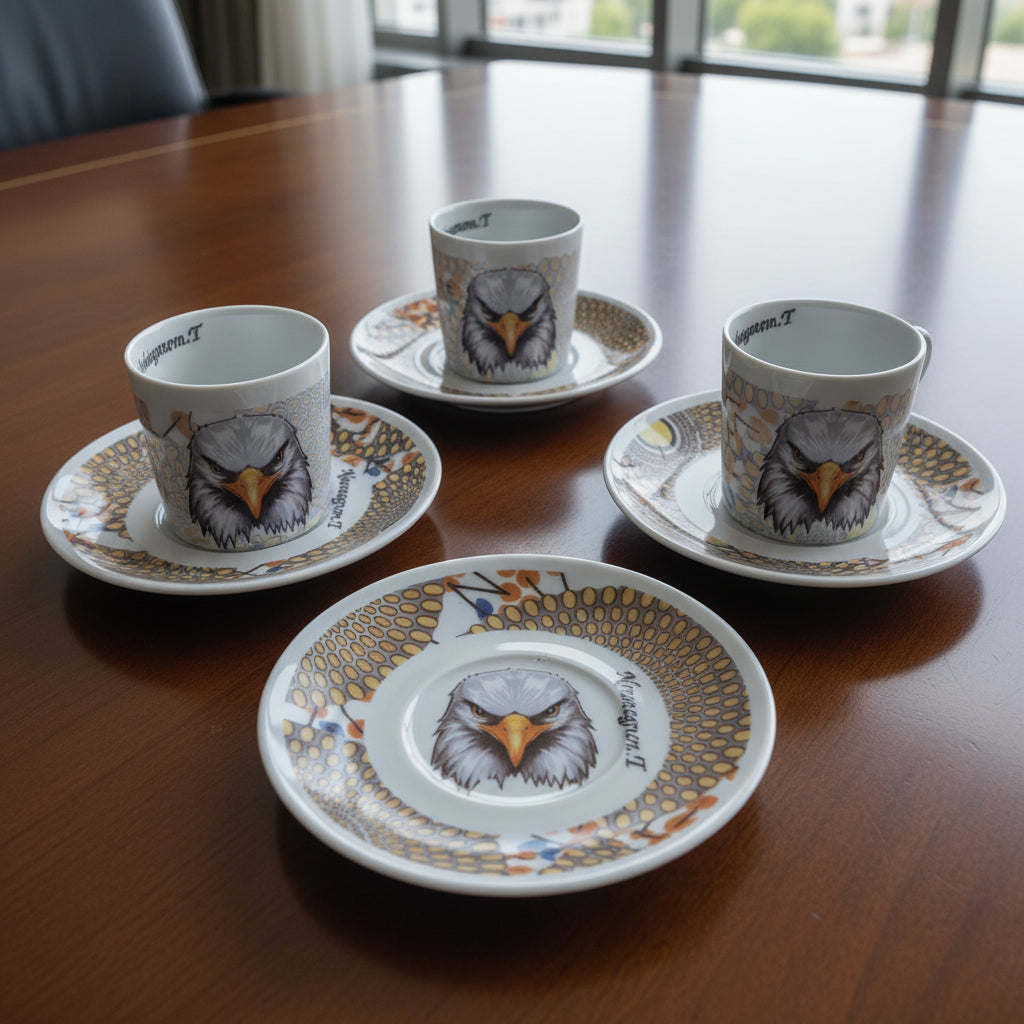 Tasse à Café en porcelaine Française avec soucoupe motif plein wax d'Afrique Gammaphone avec aigle