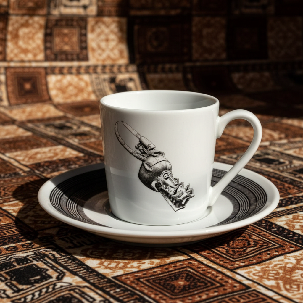 Mug ou Tasse à café en porcelaine fine Française fabriqué à la demande, motif d'Afrique, Côté d'Ivoire MASQUE HEAUME SENOUFO, A tête d'animal à la gueule béante armé de crocs 4