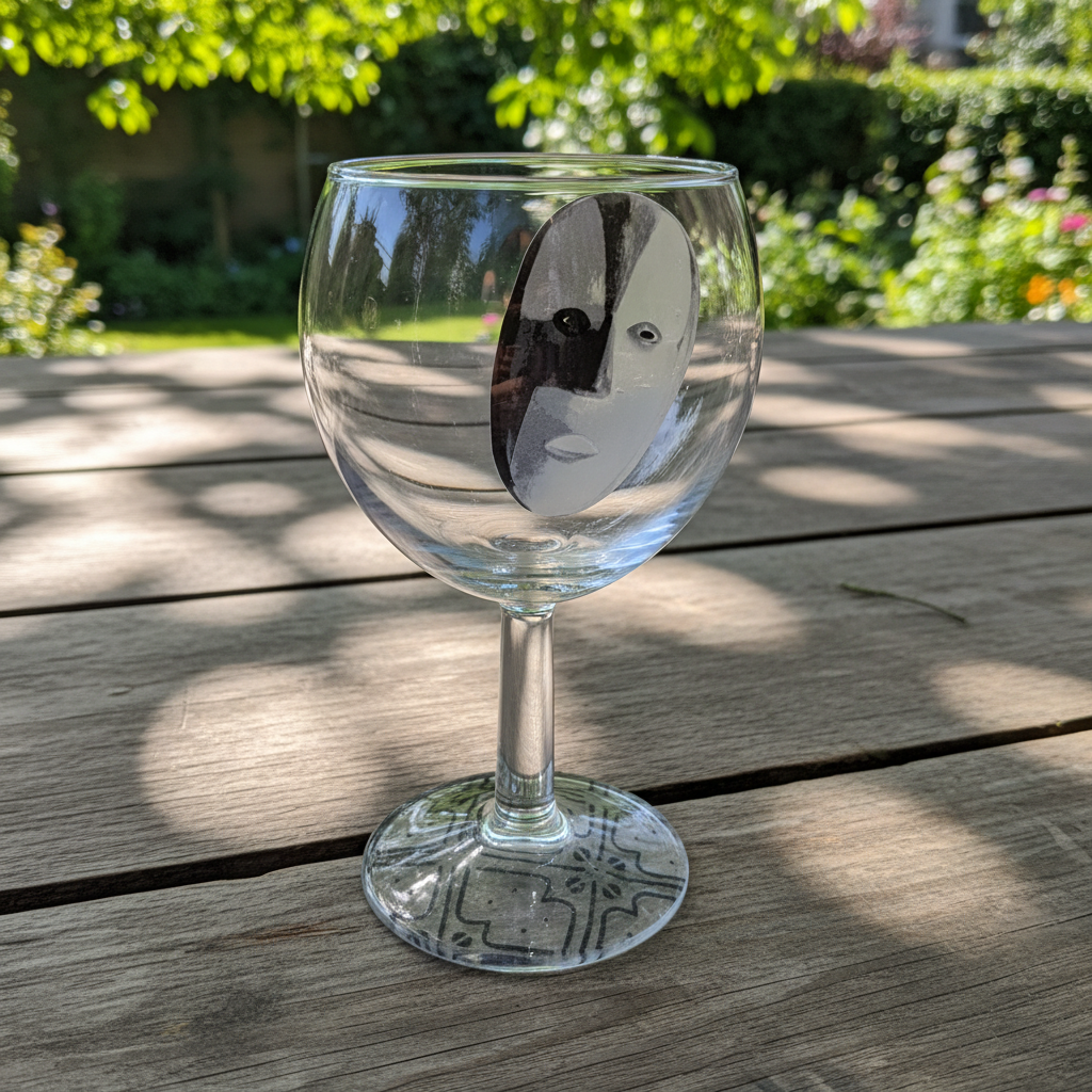 Verre à champagne avec motif masque du Bénin et disque sous pied au motif géométrique noir