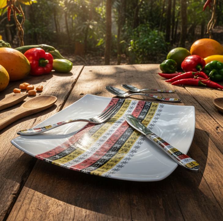 Coffret d'assiettes carrées en porcelaine fine Française fabriquées à la demande avec motif bande Ethnique d'Afrique " Bogolan avec coris" dans coffret de 12 assiettes