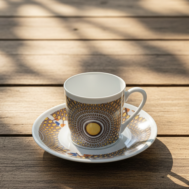 Vue de face, légère plongée : tasse à café Gamaphone gris et orange à rosace jaune sur bois au soleil