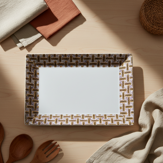 Plat rectangulaire en porcelaine Française motif wax d'Afrique "haricot"