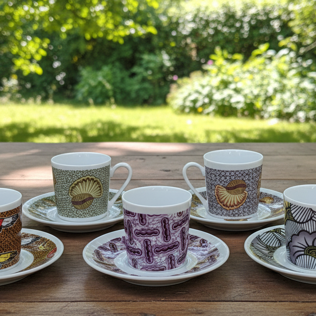 Tasse à Café en porcelaine Française avec soucoupe motif plein wax d'Afrique motif "escargot"