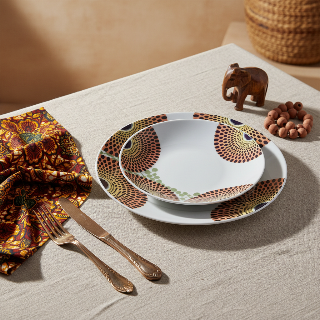 Coffret d'assiettes rondes en porcelaine Française fabriquées à la demande avec motif wax d'Afrique asymetrique Gammaphone multicolores