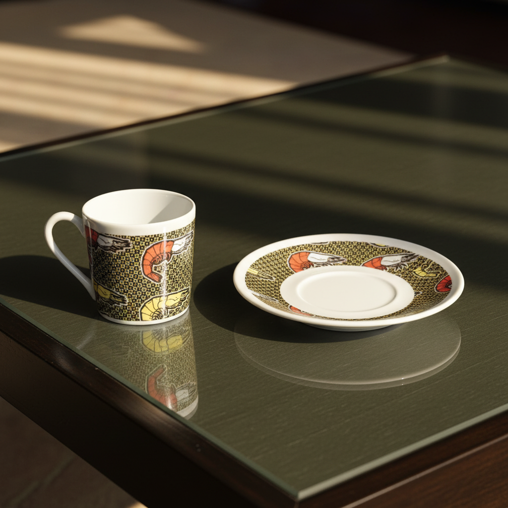 Tasse à Café en porcelaine Française avec soucoupe motif plein wax d'Afrique "crevettes/Shrimp"