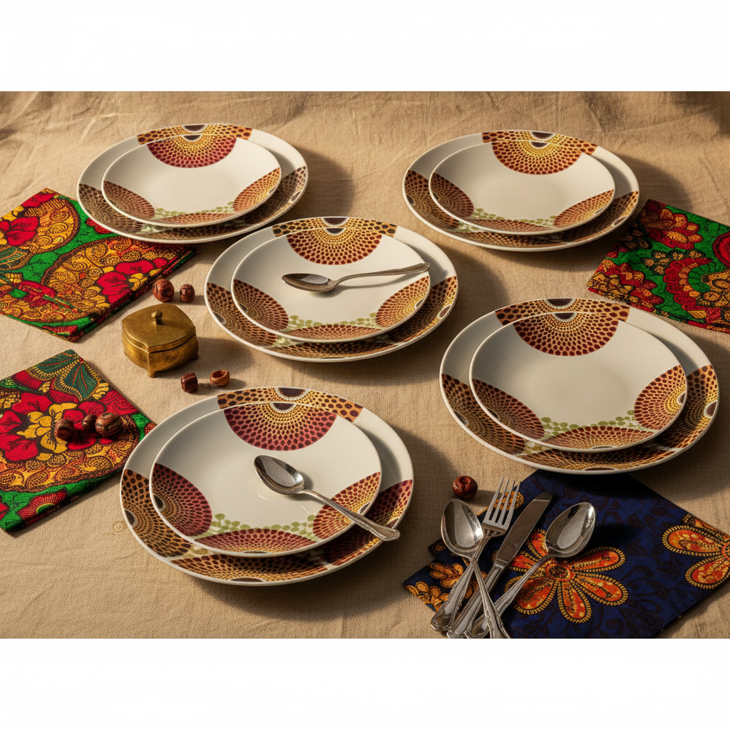 Coffret d'assiettes rondes en porcelaine Française fabriquées à la demande avec motif wax d'Afrique asymetrique Gammaphone multicolores