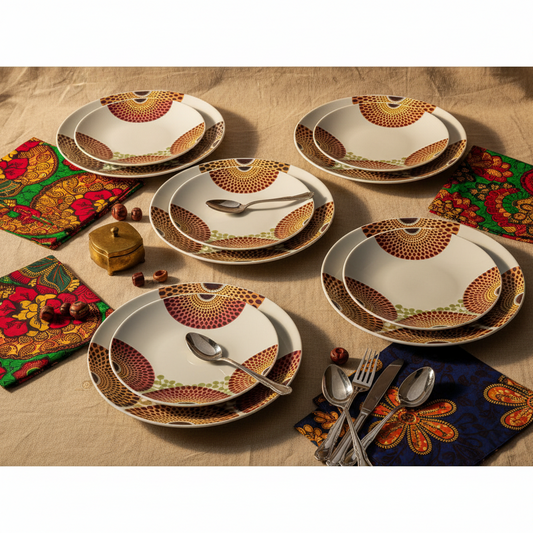 Coffret d'assiettes rondes en porcelaine Française fabriquées à la demande avec motif wax d'Afrique asymetrique Gammaphone multicolores
