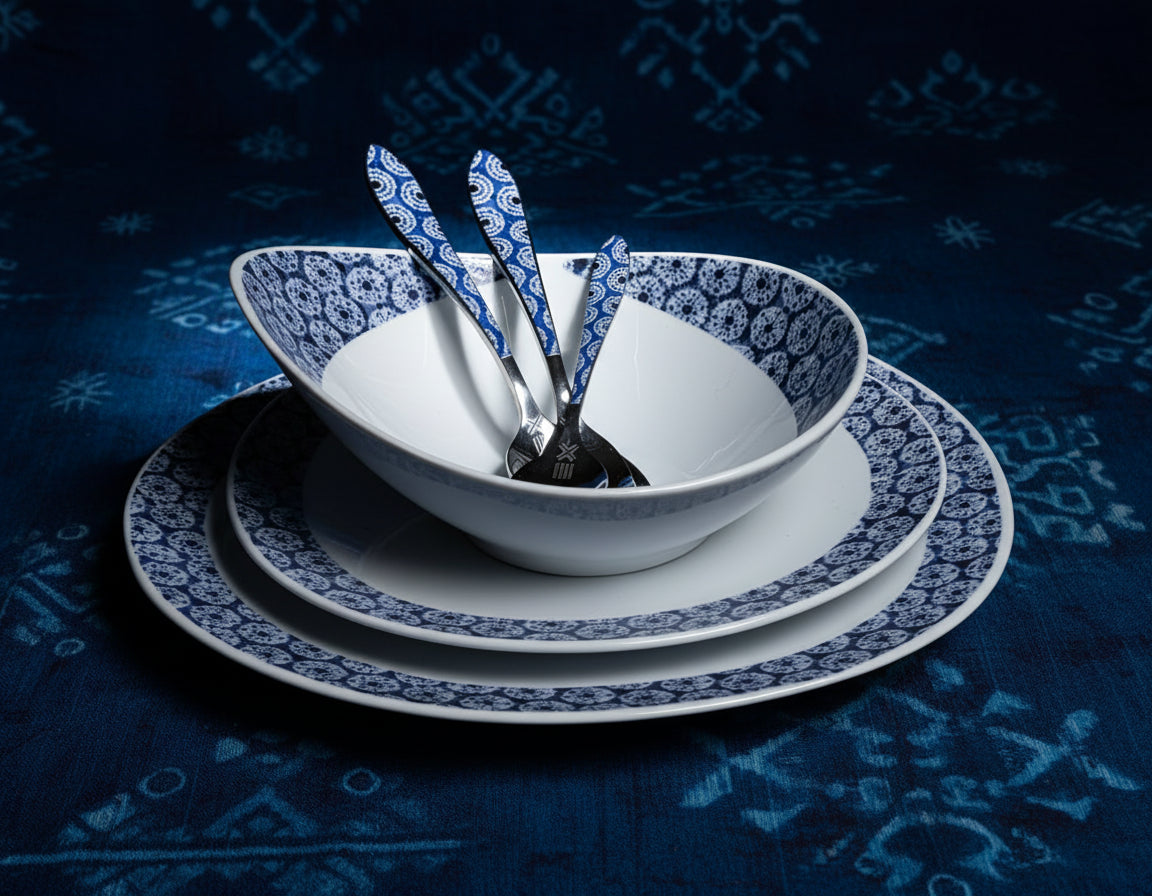 Mug en porcelaine fine Française grenaillé à l'extérieur, motif  d'Afrique "petits soleils indigo" bleu à l'intérieur