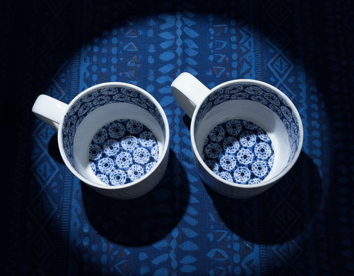 Mug en porcelaine fine Française grenaillé à l'extérieur, motif  d'Afrique "petits soleils indigo" bleu à l'intérieur