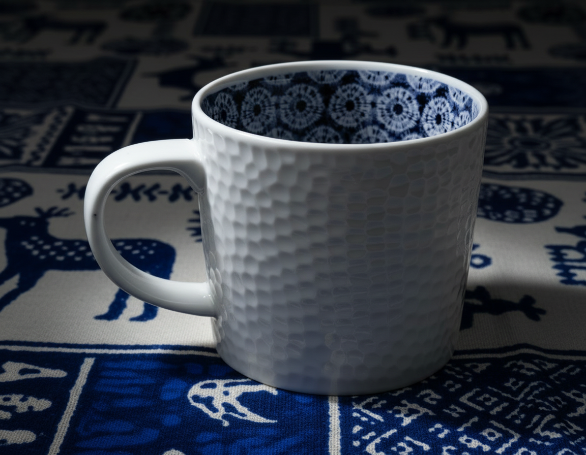 Mug en porcelaine fine Française grenaillé à l'extérieur, motif  d'Afrique "petits soleils indigo" bleu à l'intérieur