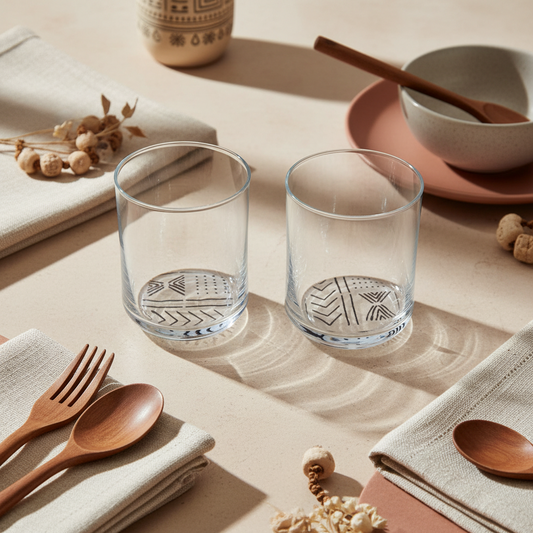 Lot de 2 verres motif d'Afrique ethnique "Bogolan"