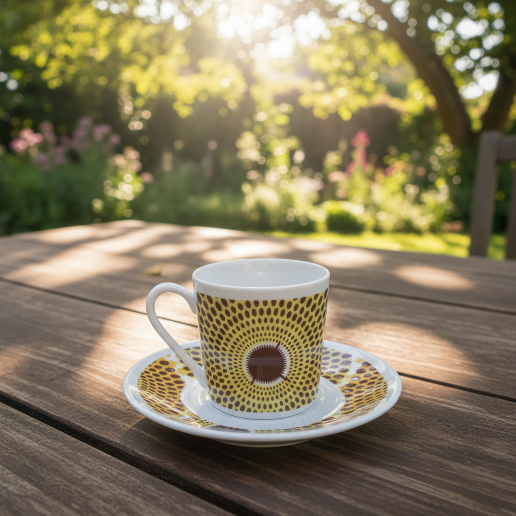 Tasse à Café en porcelaine Française avec soucoupe motif plein wax d'Afrique Gammaphone Jaune et Vert