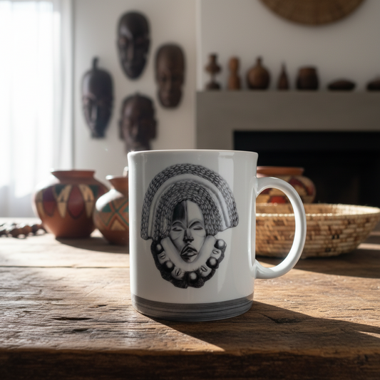 Mug en porcelaine fine Française fabriqué à la demande, motif d'Afrique, Côté d'Ivoire extérieur masques "Yacouba" et "Dan" 2