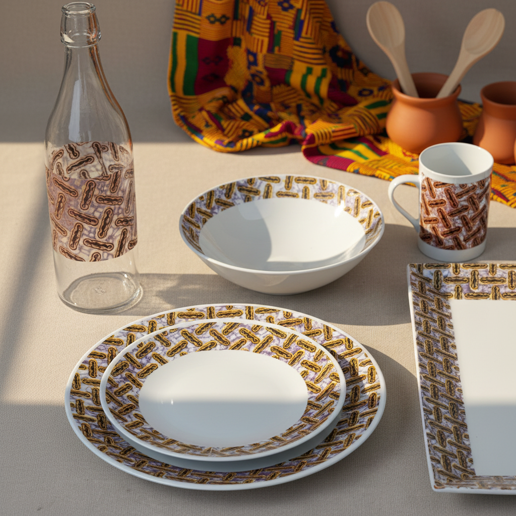 Bouteille en verre motif wax d'Afrique "haricot"