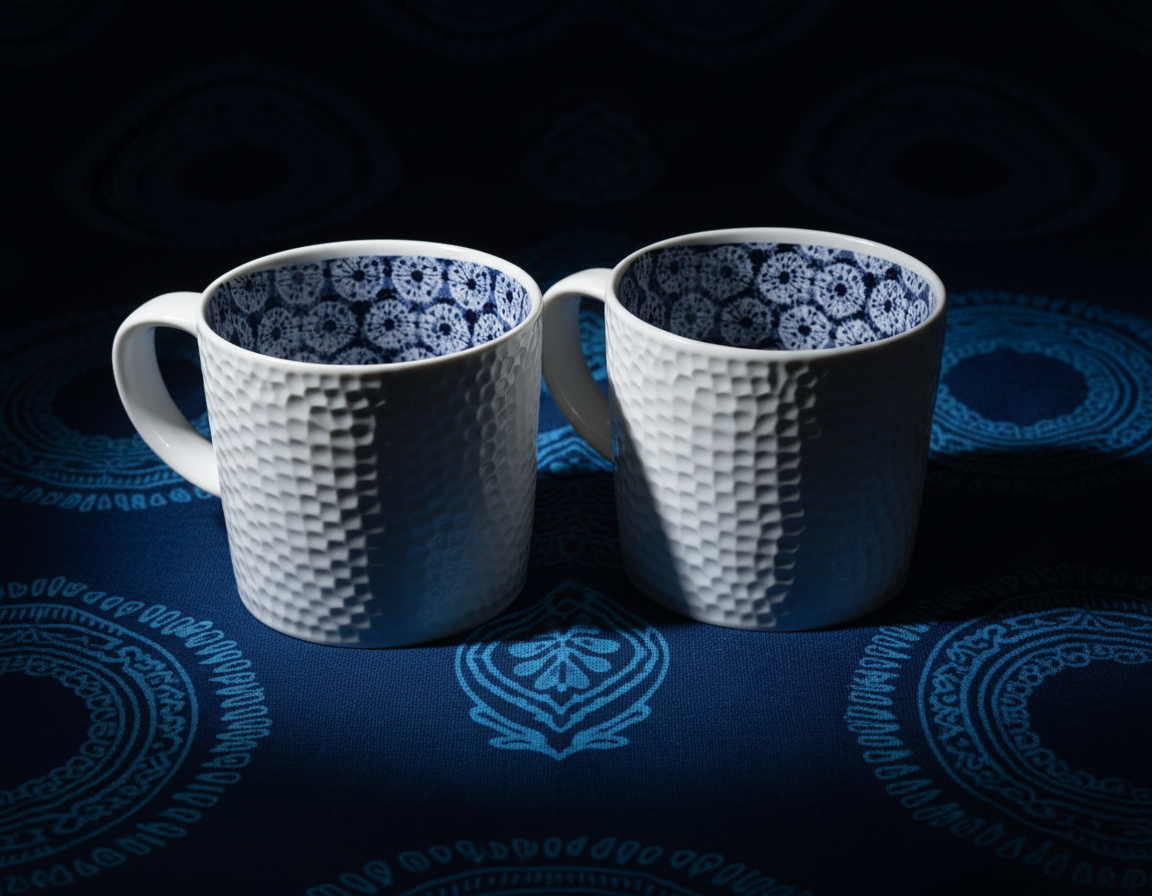 Mug en porcelaine fine Française grenaillé à l'extérieur, motif  d'Afrique "petits soleils indigo" bleu à l'intérieur
