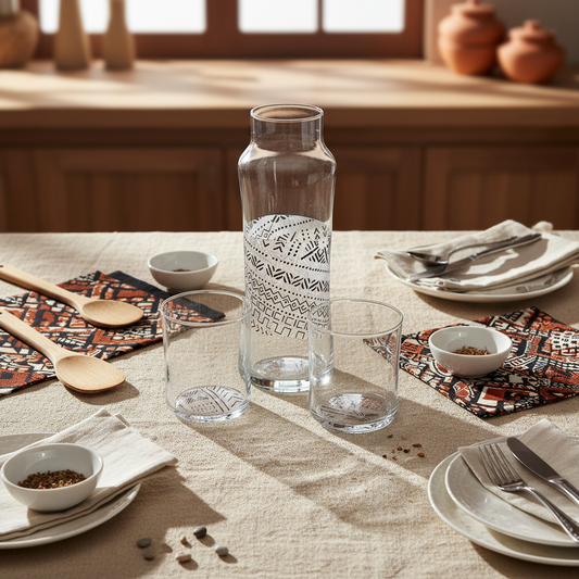 Pichet / bouteille large en verre motif d'Afrique ethnique "Bogolan"