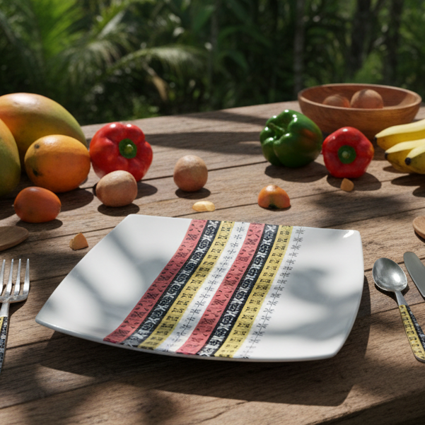 Coffret d'assiettes carrées en porcelaine fine Française fabriquées à la demande avec motif bande Ethnique d'Afrique " Bogolan avec coris" dans coffret de 12 assiettes