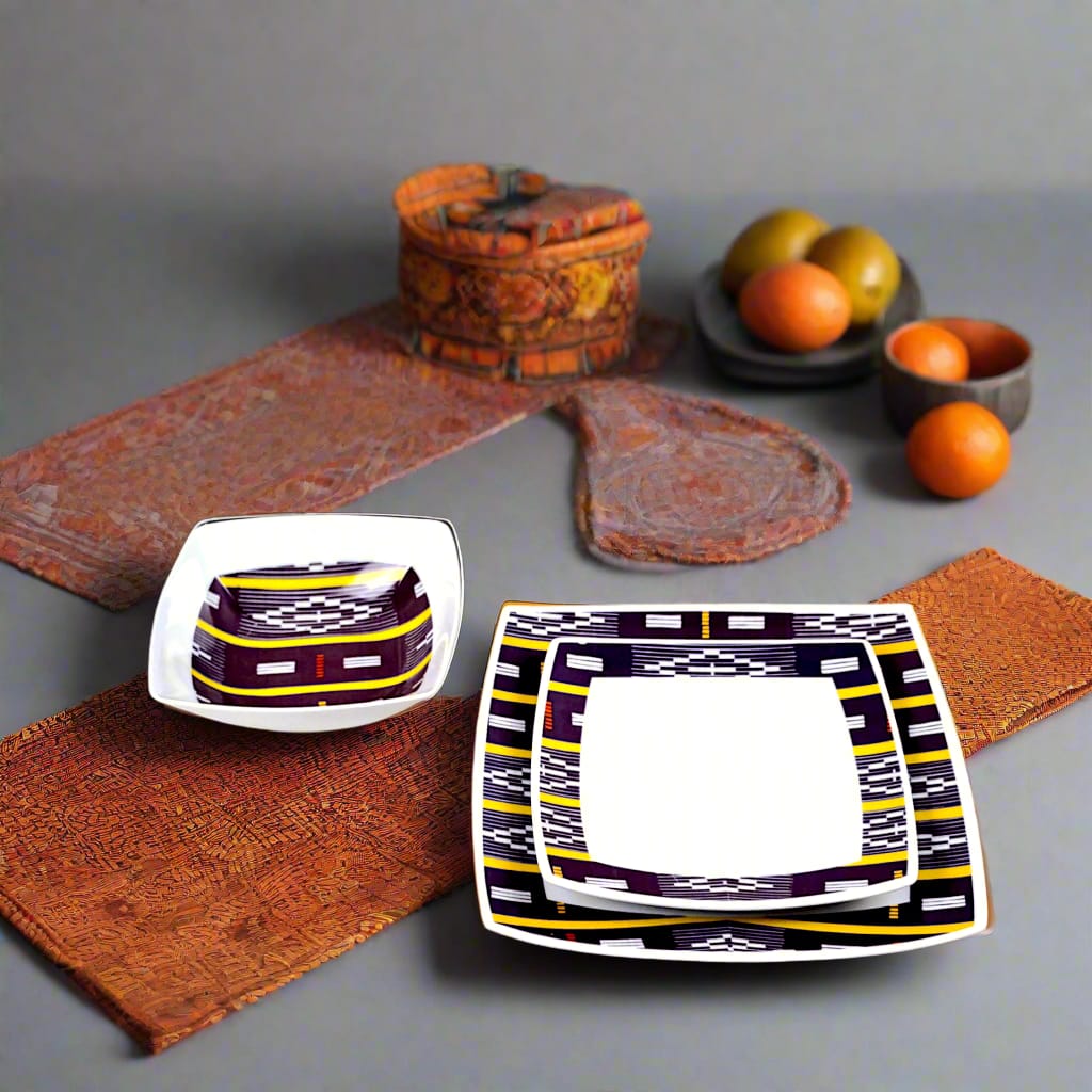 Coffret d'assiettes carrées en porcelaine fine Française fabriquées à la demande avec motif bande Ethnique d'Afrique "Baoulé" de Côte d'Ivoire dans coffret de 6 assiettes