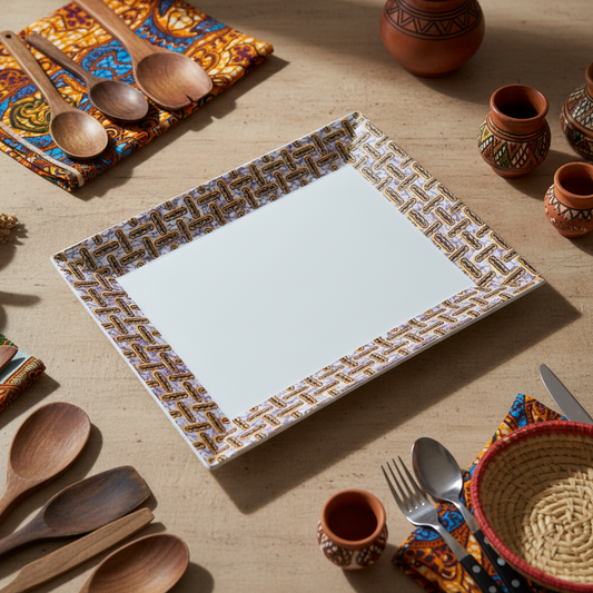 Plat rectangulaire en porcelaine Française motif wax d'Afrique "haricot"