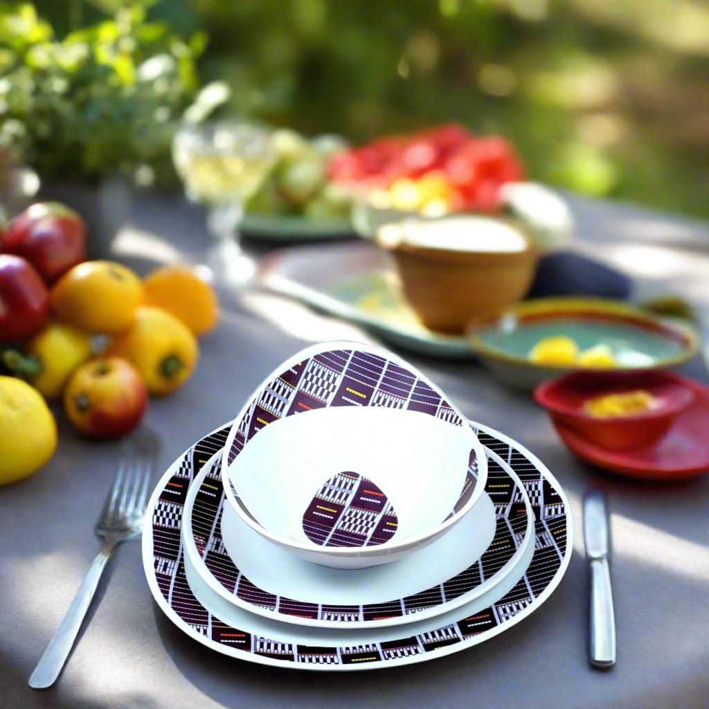 Coffret d'assiettes ovales en porcelaine fine Française fabriquées à la demande avec  motif anneaux Ethnique de Côté d'Ivoire "Sénoufo bleu indigo" dans coffret de 6