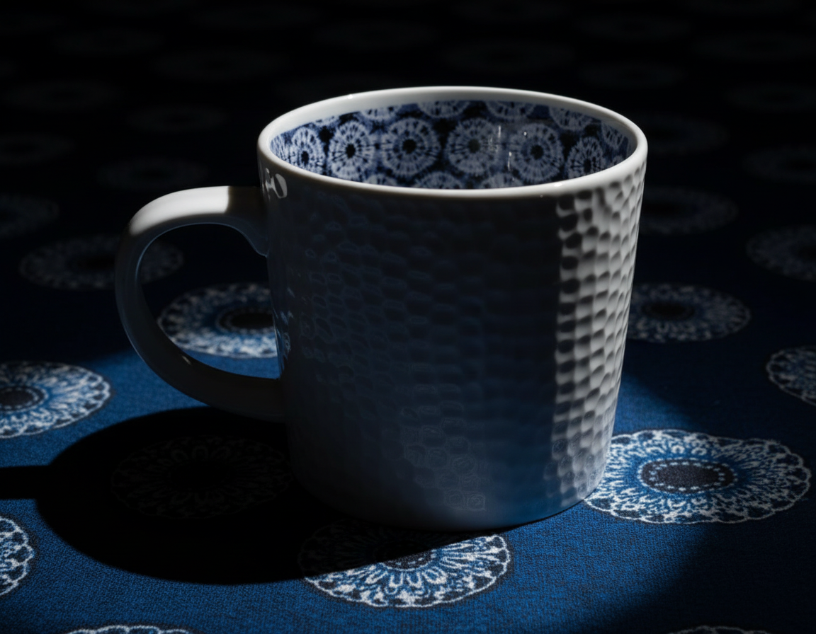 Mug en porcelaine fine Française grenaillé à l'extérieur, motif  d'Afrique "petits soleils indigo" bleu à l'intérieur