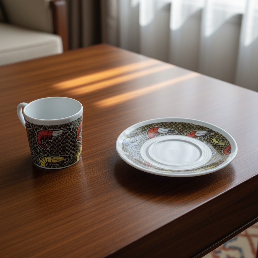 Tasse à Café en porcelaine Française avec soucoupe motif plein wax d'Afrique "crevettes/Shrimp"