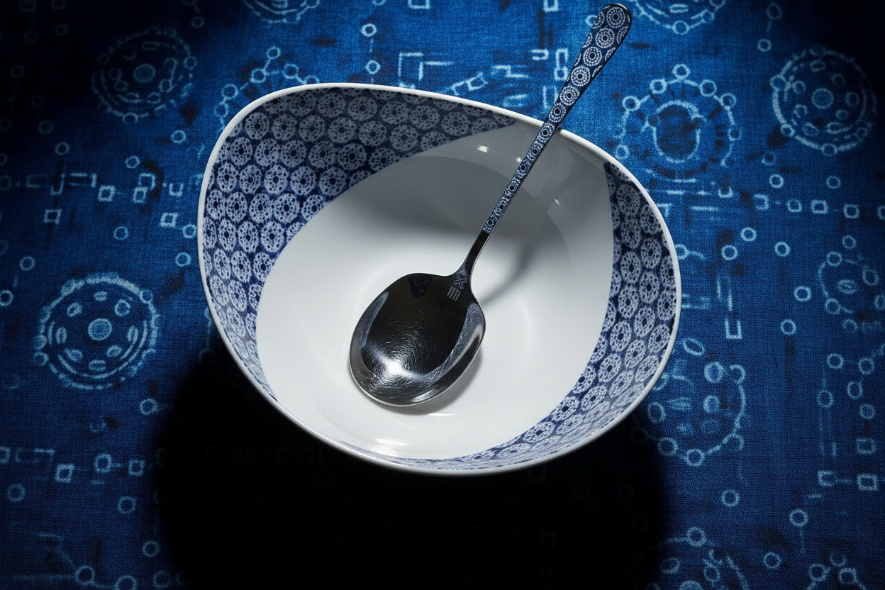 Mug en porcelaine fine Française grenaillé à l'extérieur, motif  d'Afrique "petits soleils indigo" bleu à l'intérieur