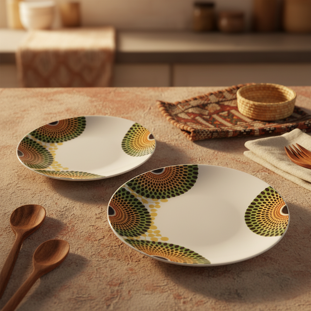 Coffret d'assiettes rondes en porcelaine Française fabriquées à la demande avec motif wax d'Afrique asymetrique Gammaphone multicolores