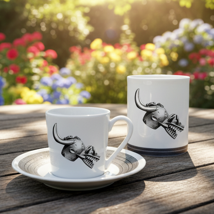 Mug ou Tasse à café en porcelaine fine Française fabriqué à la demande, motif d'Afrique, Côté d'Ivoire MASQUE HEAUME SENOUFO, A tête d'animal à la gueule béante armé de crocs 3