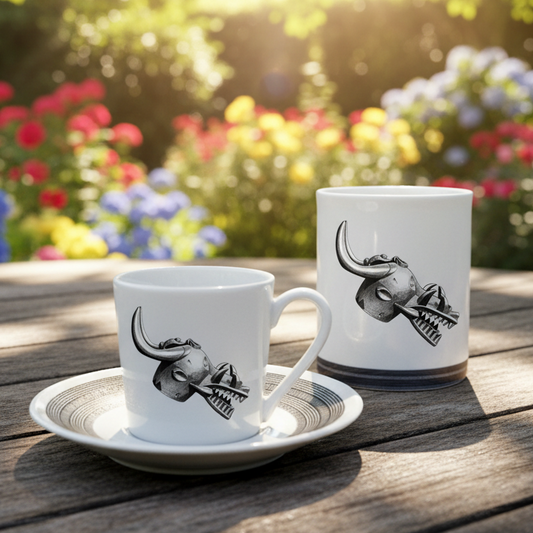 Mug ou Tasse à café en porcelaine fine Française fabriqué à la demande, motif d'Afrique, Côté d'Ivoire MASQUE HEAUME SENOUFO, A tête d'animal à la gueule béante armé de crocs 3