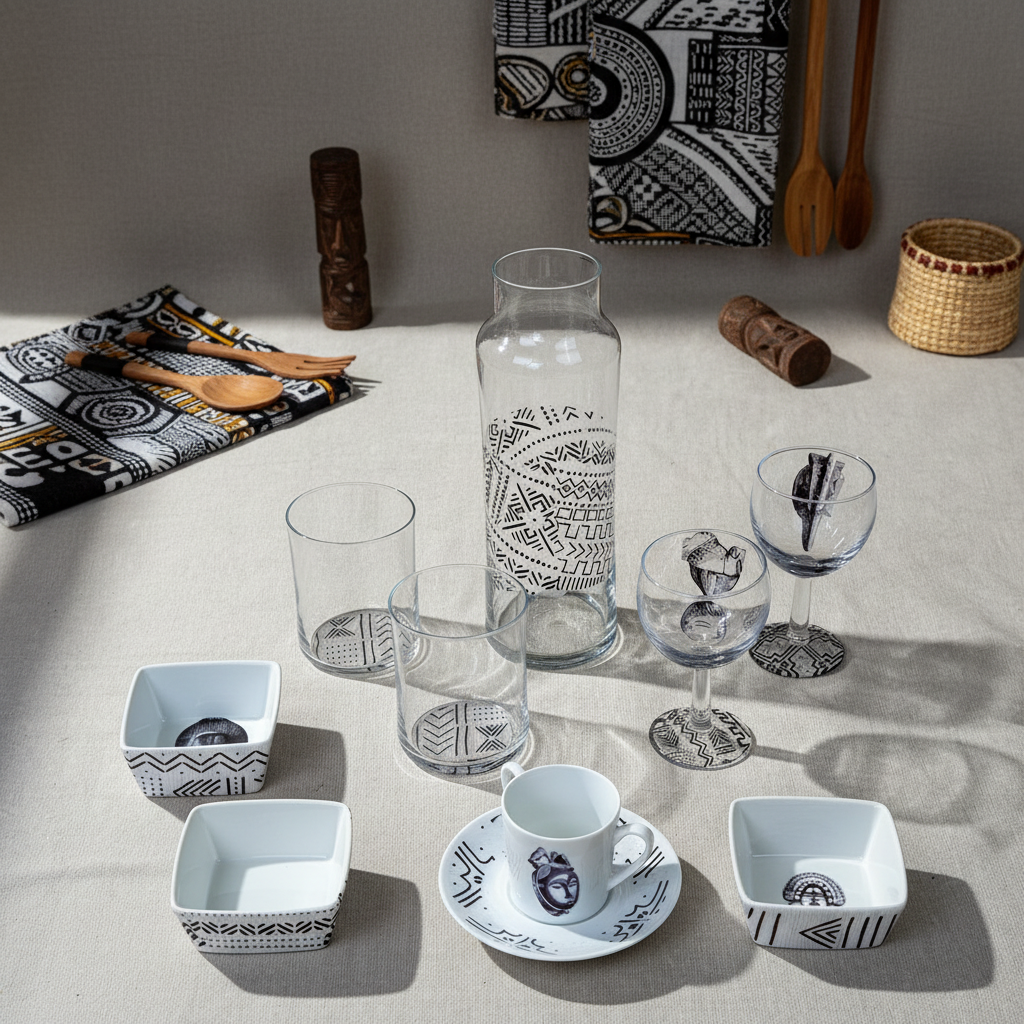 Pichet / bouteille large en verre motif d'Afrique ethnique "Bogolan"