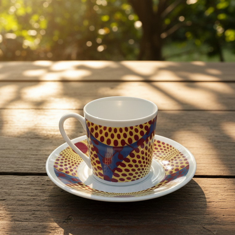 Tasse à Café en porcelaine Française avec soucoupe motif plein wax d'Afrique Gammaphone jaune, bleu et grenat
