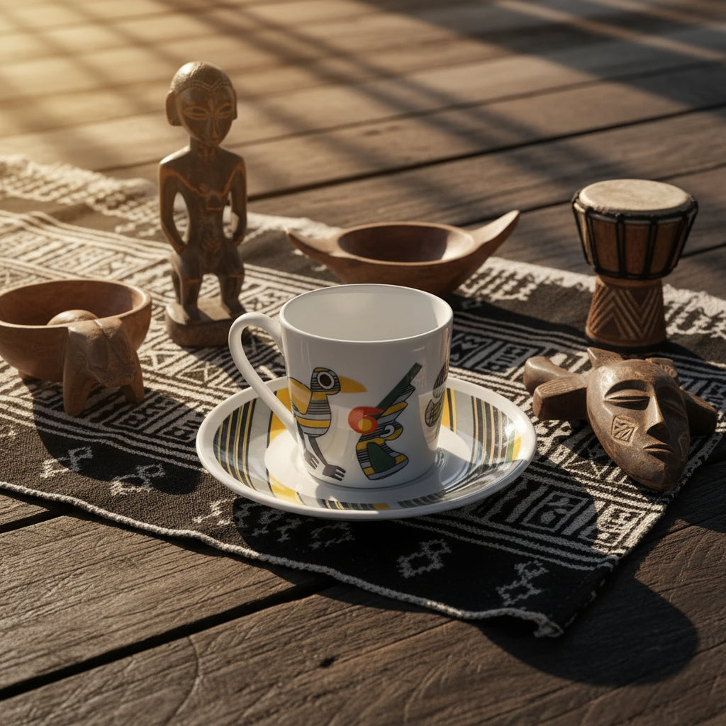 Coffret prestige spécial Bénin – 6 tasses en porcelaine fine française, ornées de motifs inspirés de l’histoire du Bénin