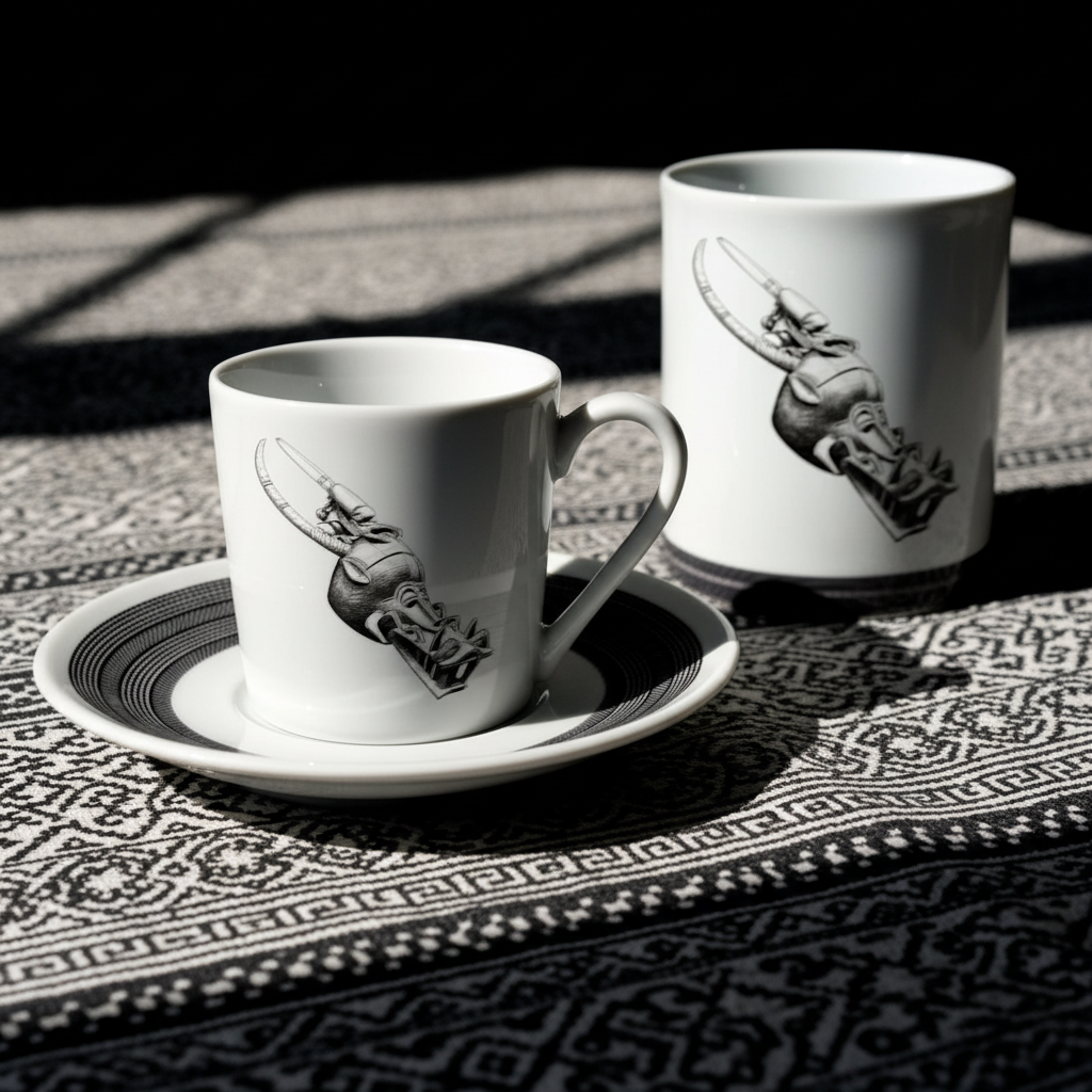 Mug ou Tasse à café en porcelaine fine Française fabriqué à la demande, motif d'Afrique, Côté d'Ivoire MASQUE HEAUME SENOUFO, A tête d'animal à la gueule béante armé de crocs 4