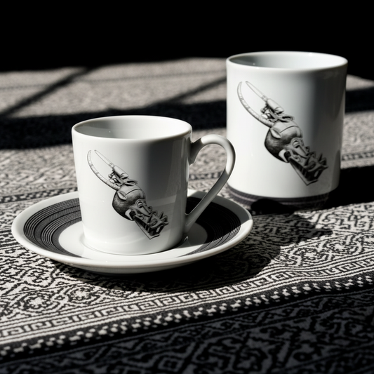 Mug ou Tasse à café en porcelaine fine Française fabriqué à la demande, motif d'Afrique, Côté d'Ivoire MASQUE HEAUME SENOUFO, A tête d'animal à la gueule béante armé de crocs 4