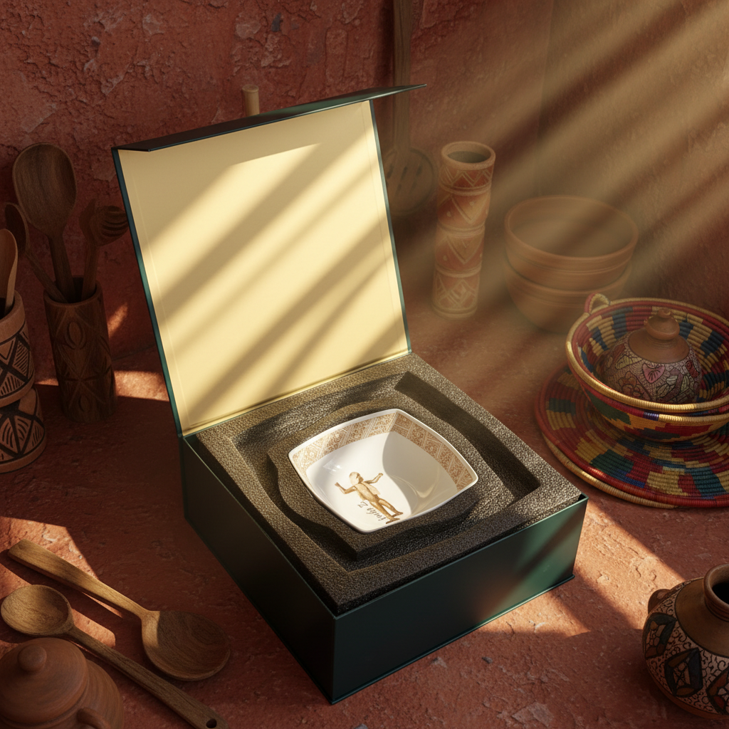 Coffret de 6 Assiettes Carrées en Porcelaine Fine – Motif “Œuvres Sacrées du Bénin”