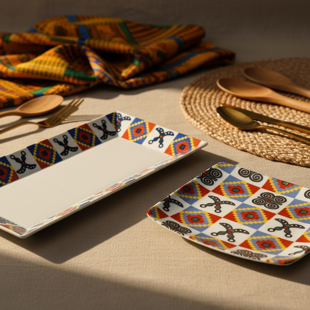 Plat rectangulaire en faïence motif wax d'Afrique "Adinkra"