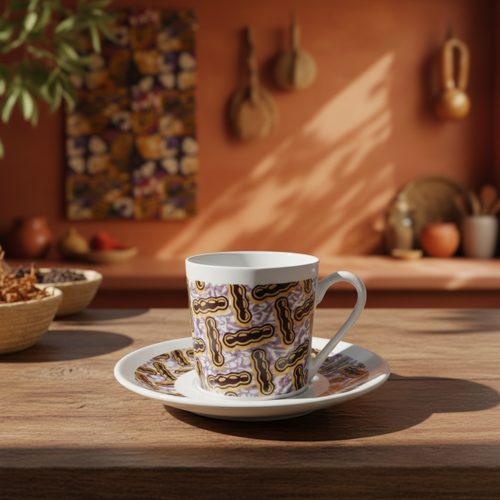 Tasse à Café en porcelaine Française avec soucoupe motif plein wax d'Afrique motif "haricot"