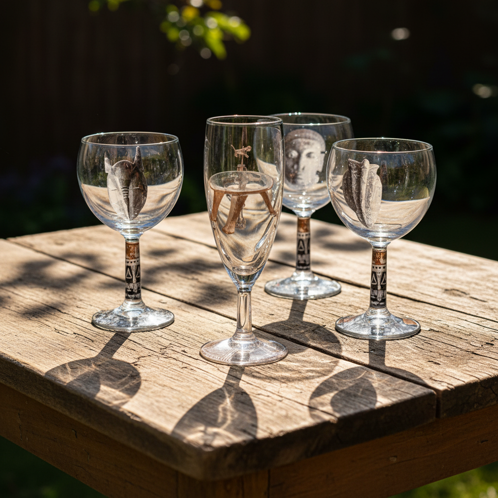Verre à champagne avec motif masque du Bénin et disque sous pied au motif géométrique noir